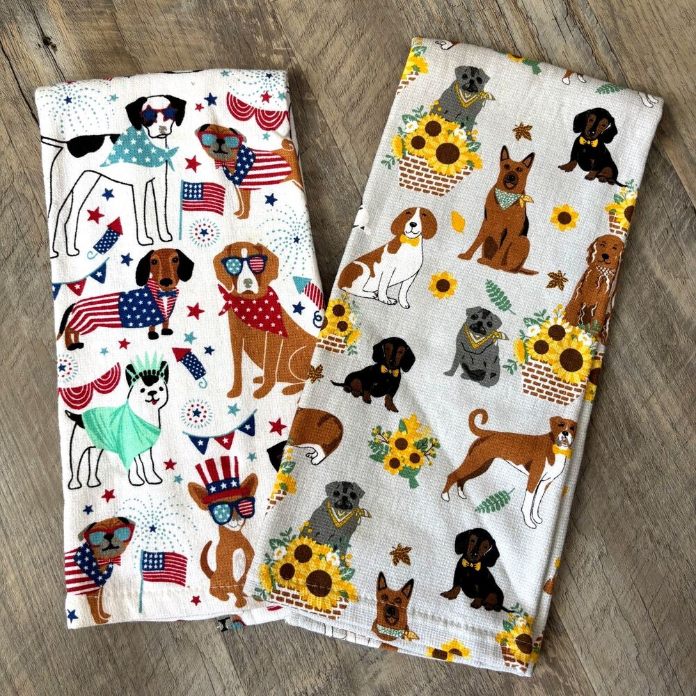 Lot Of 2 Large Kitchen Whimsical Spring & Patriotic Doggies Cotton Drying Towels